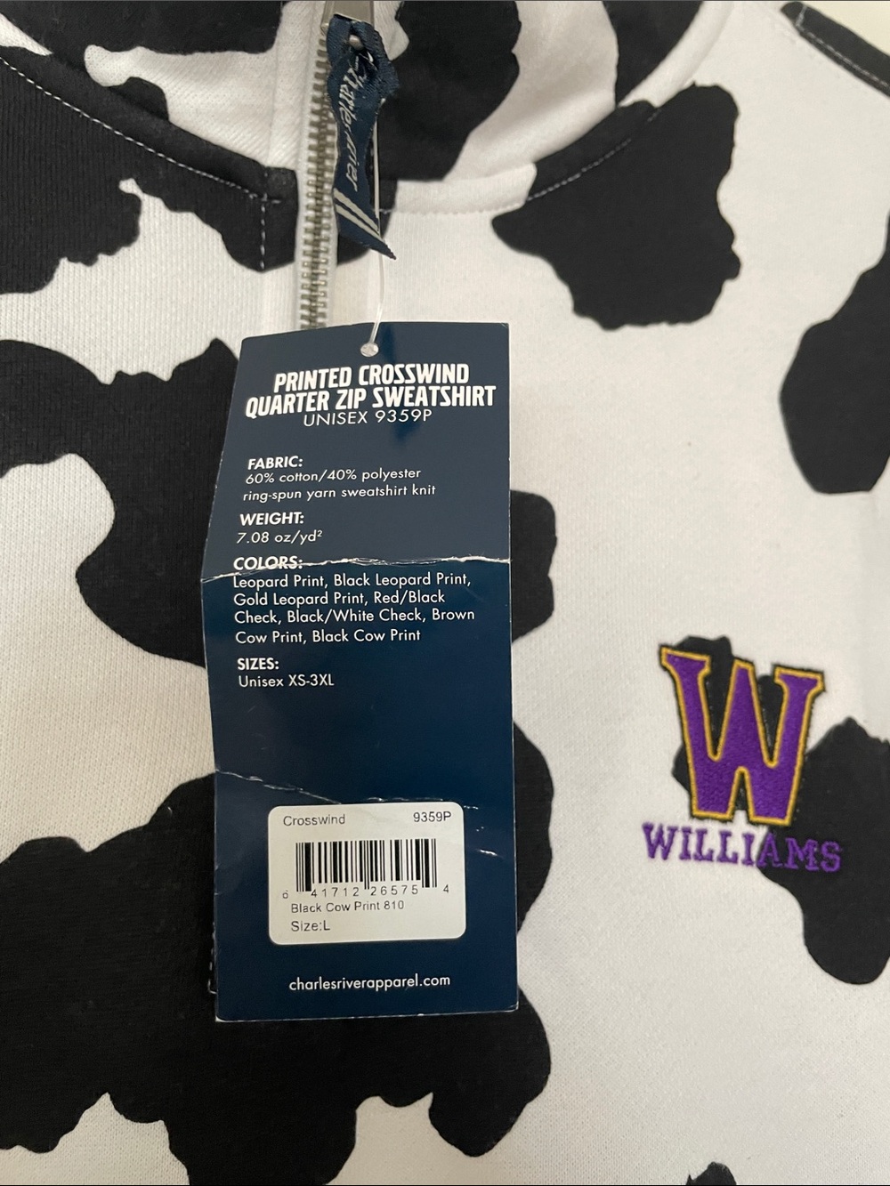Charles River /Williams College Black & White Cow Print Quarter-Zip Sweatshirt - Picture 4 of 10
